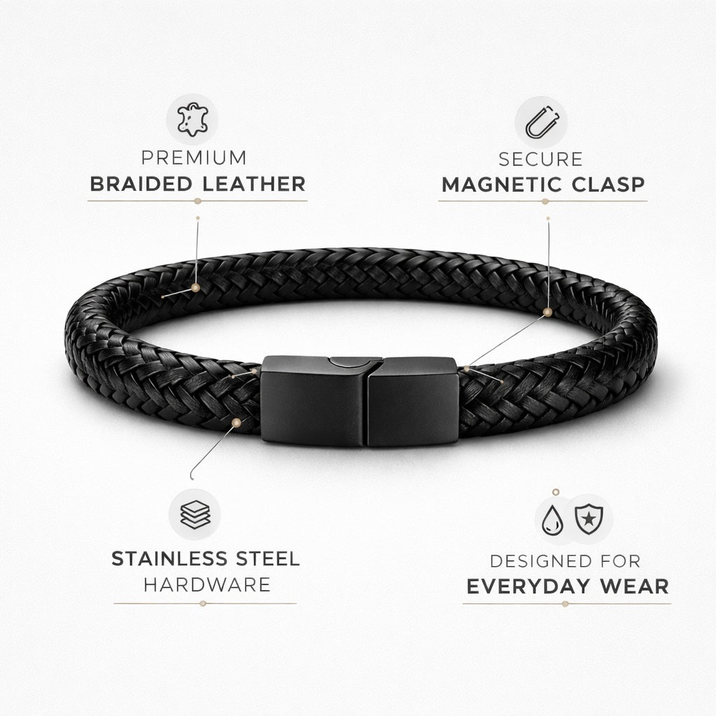 Black braided leather bracelet with magnetic clasp on a white background