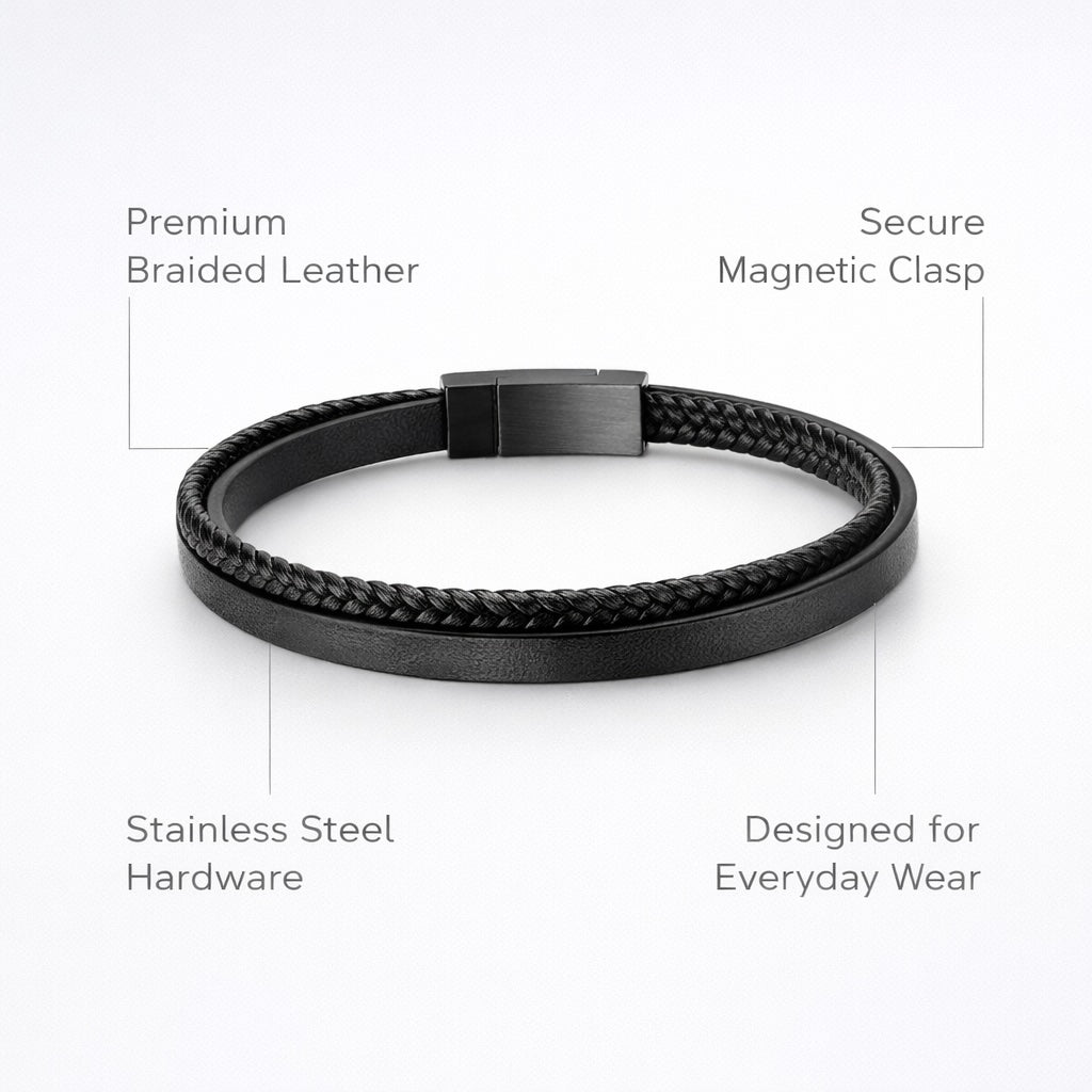 Black braided leather bracelet with magnetic clasp on a white background