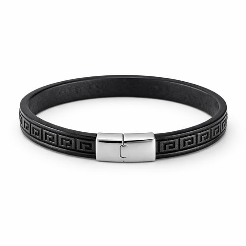 Black rubber bracelet with silver clasp on a white background