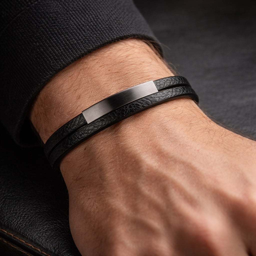 Black leather bracelet with a metallic tag on a wrist against a dark background