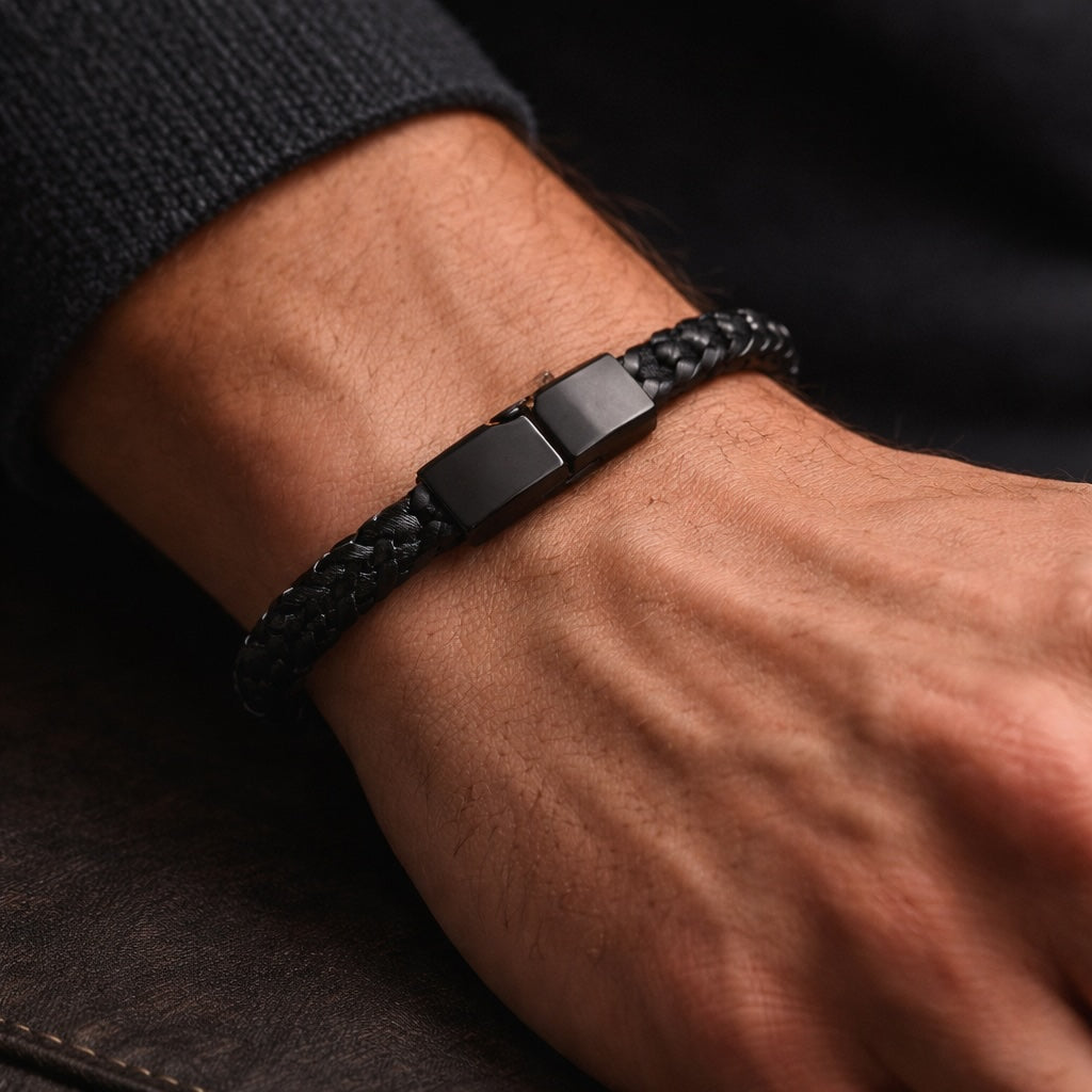 Black braided bracelet on a wrist with a dark background