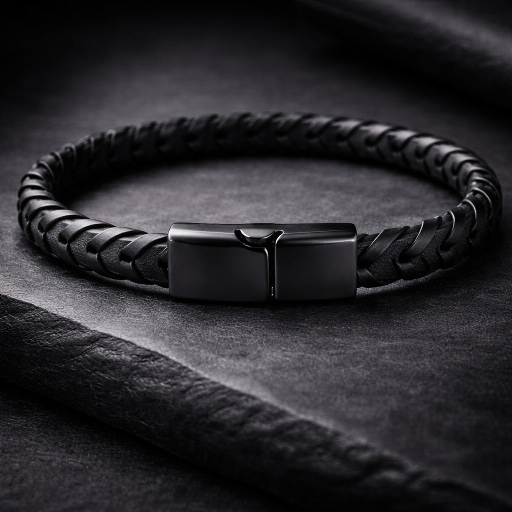 Black braided leather bracelet with a metal clasp on a dark background