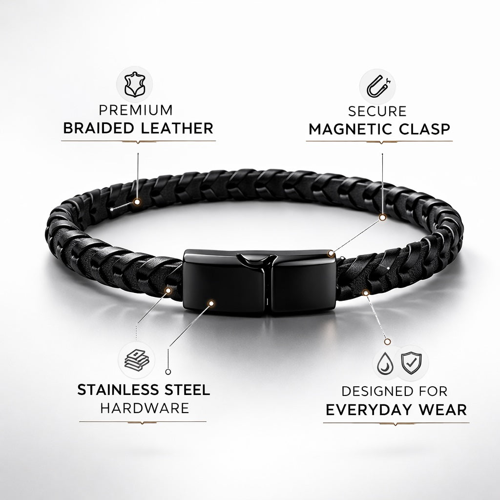 Black braided leather bracelet with magnetic clasp on a white background