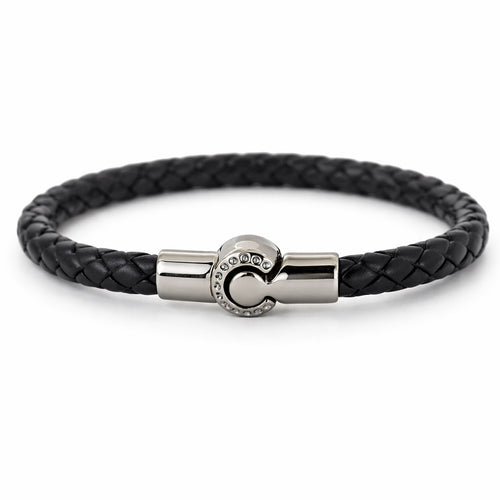Black braided leather bracelet with a silver clasp on a white background