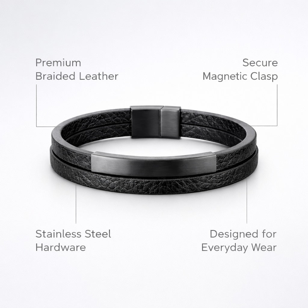 Black braided leather bracelet with stainless steel hardware on a white background