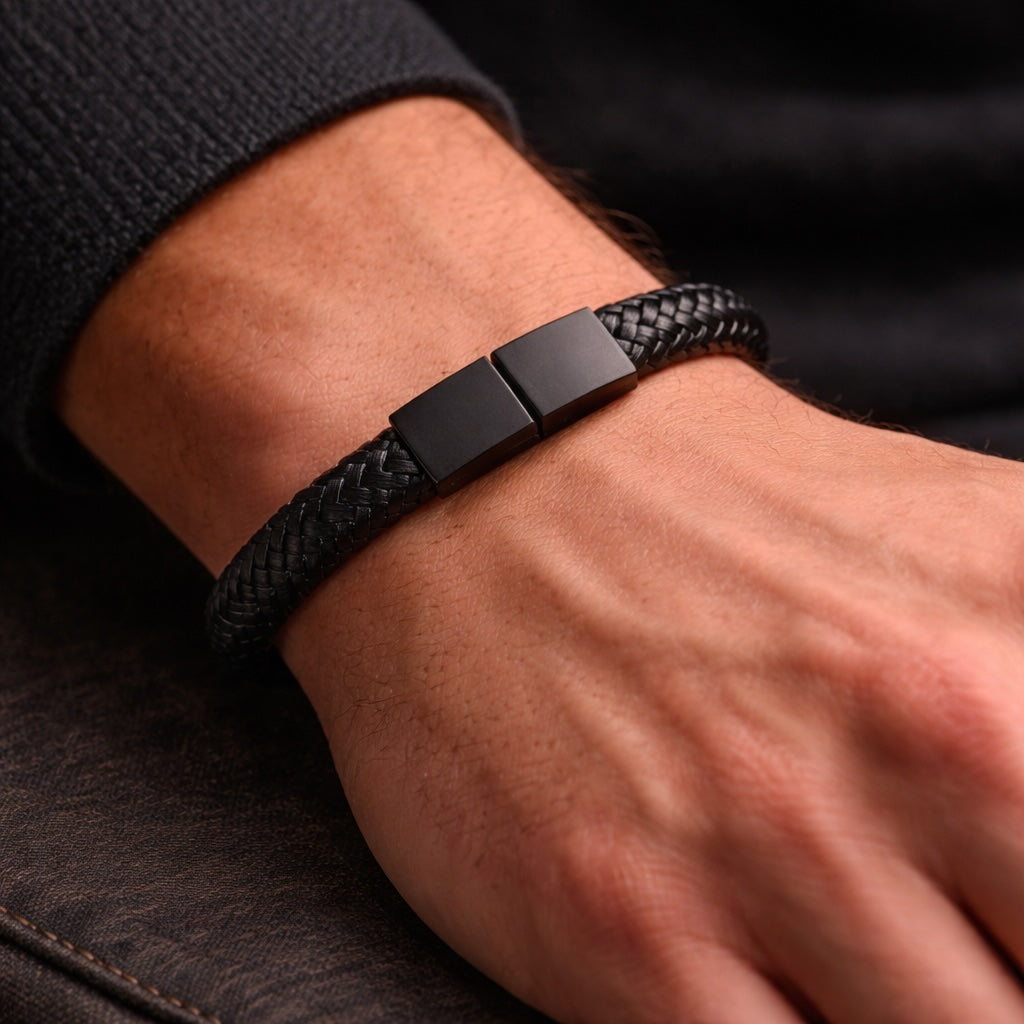 Black braided bracelet on a wrist with a blurred background
