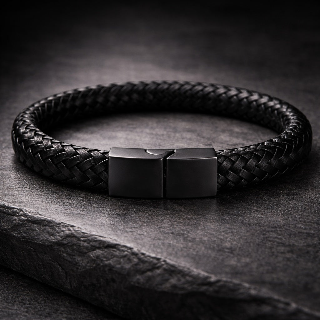 Black braided leather bracelet with a metallic clasp on a dark surface
