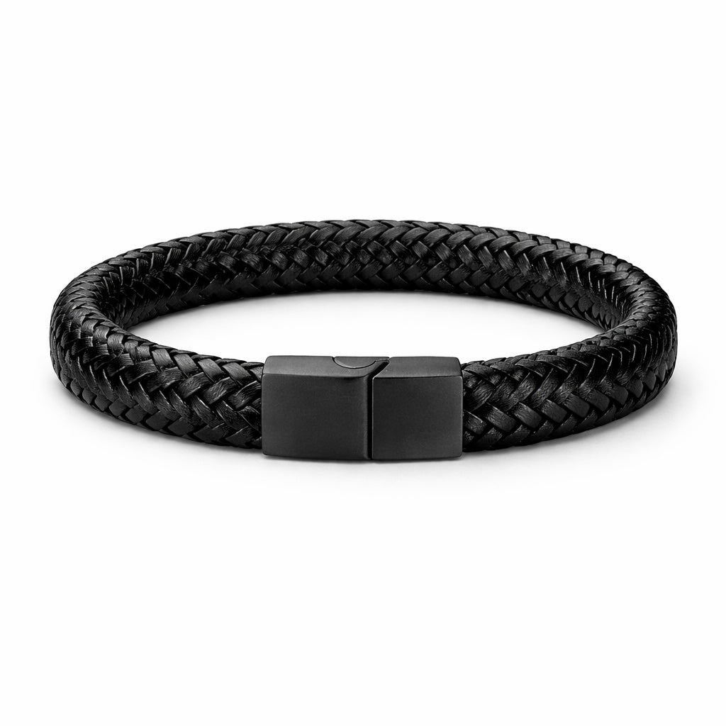 Black braided leather bracelet with a black clasp on a white background