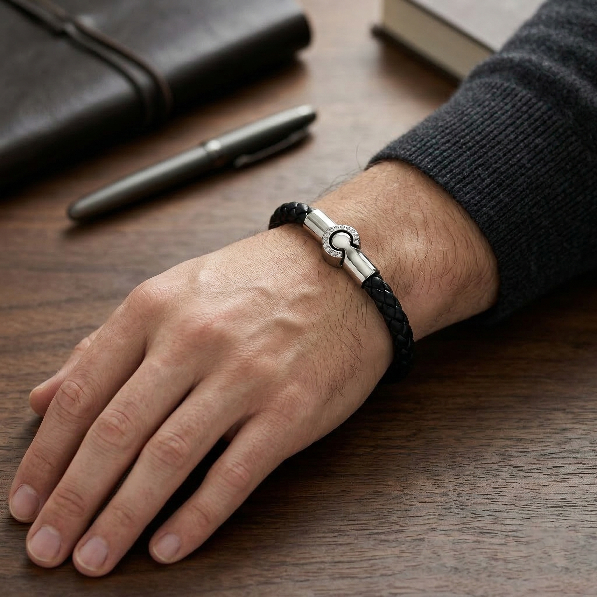 Hand wearing a black braided bracelet with a silver clasp on a wooden surface.