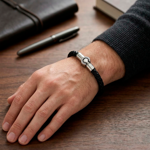 Hand wearing a black braided bracelet with a silver clasp on a wooden surface.