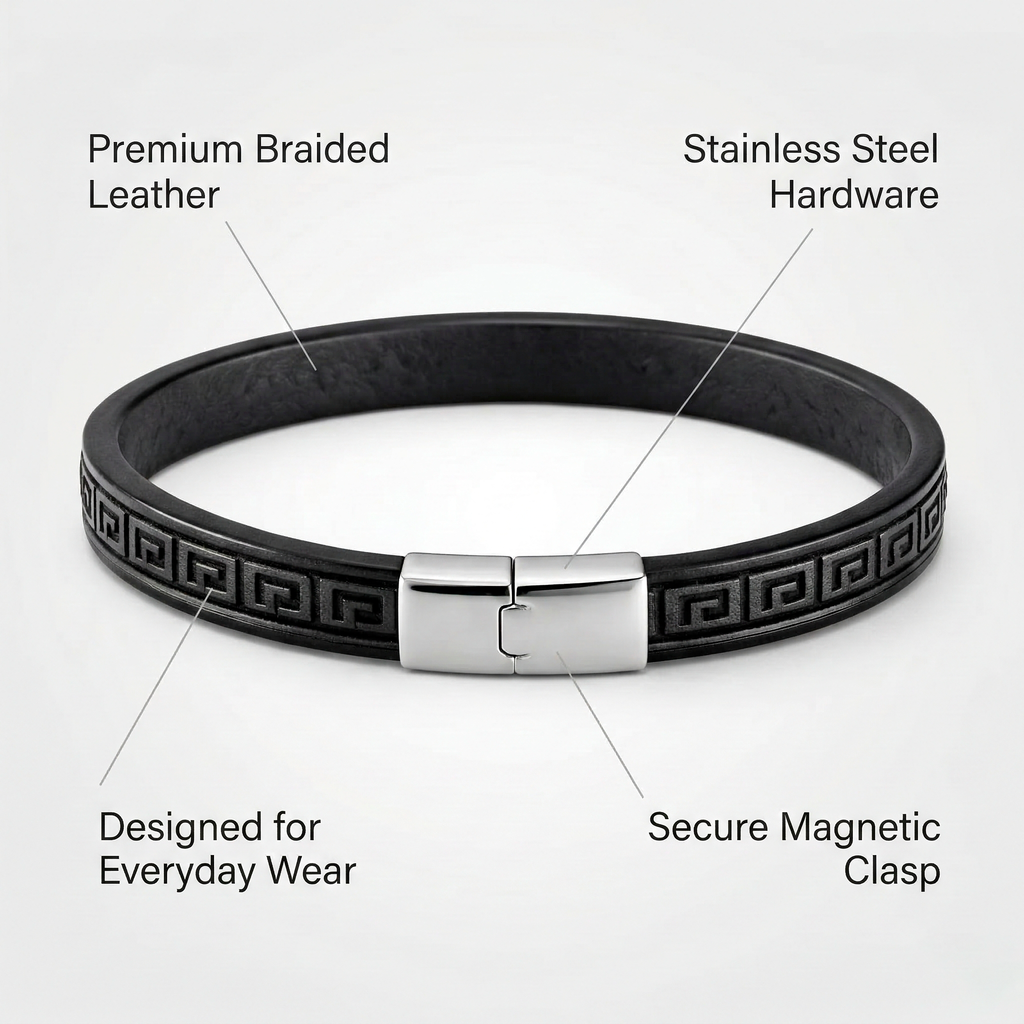 Black braided leather bracelet with stainless steel hardware on a white background