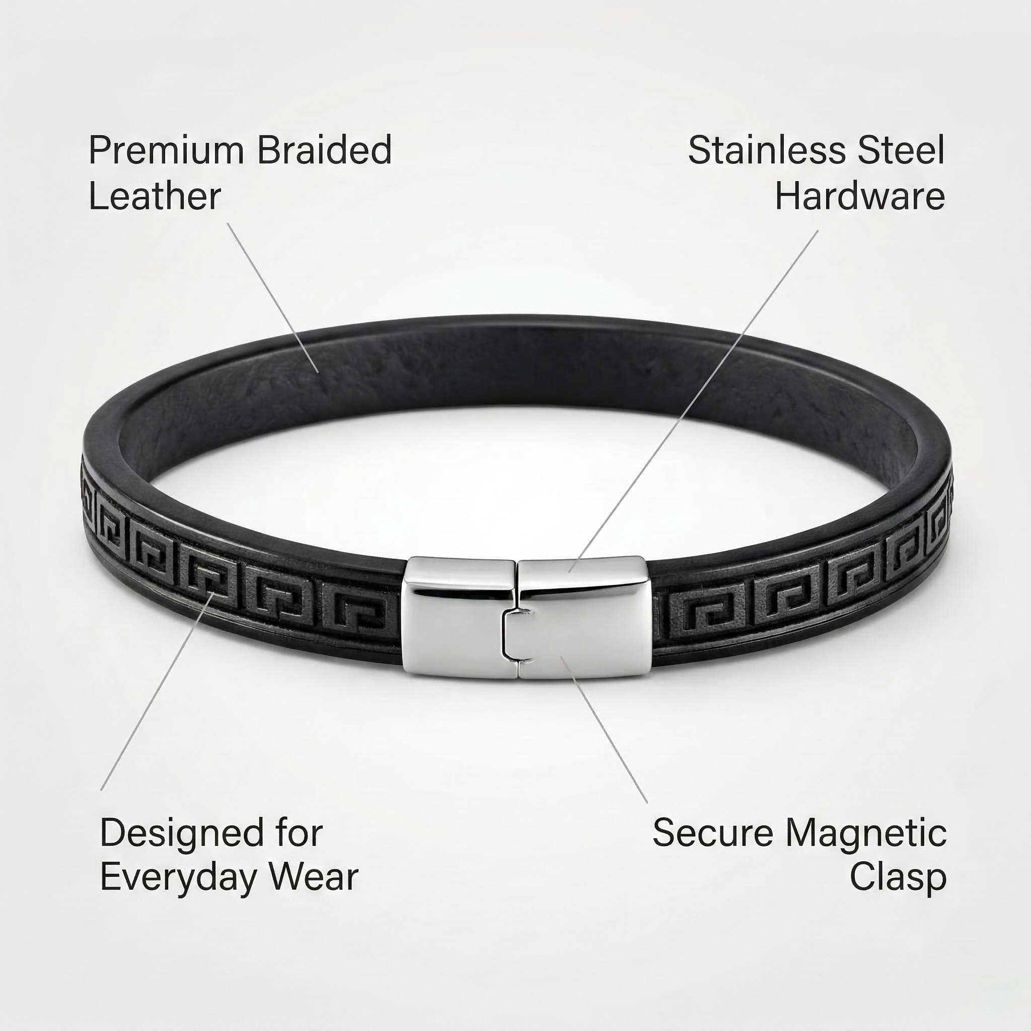 Black braided leather bracelet with stainless steel hardware on a white background