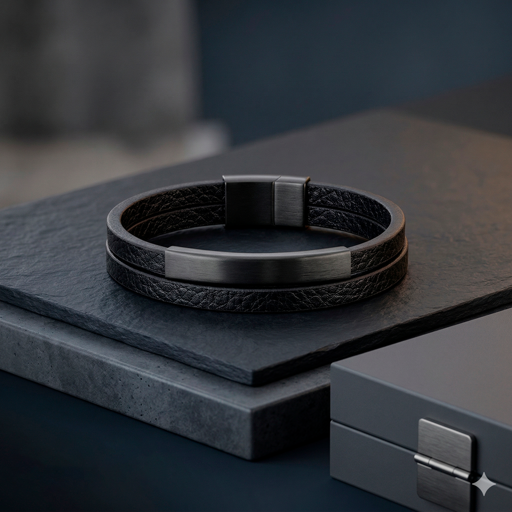 Black leather bracelet on a dark surface with a blurred background