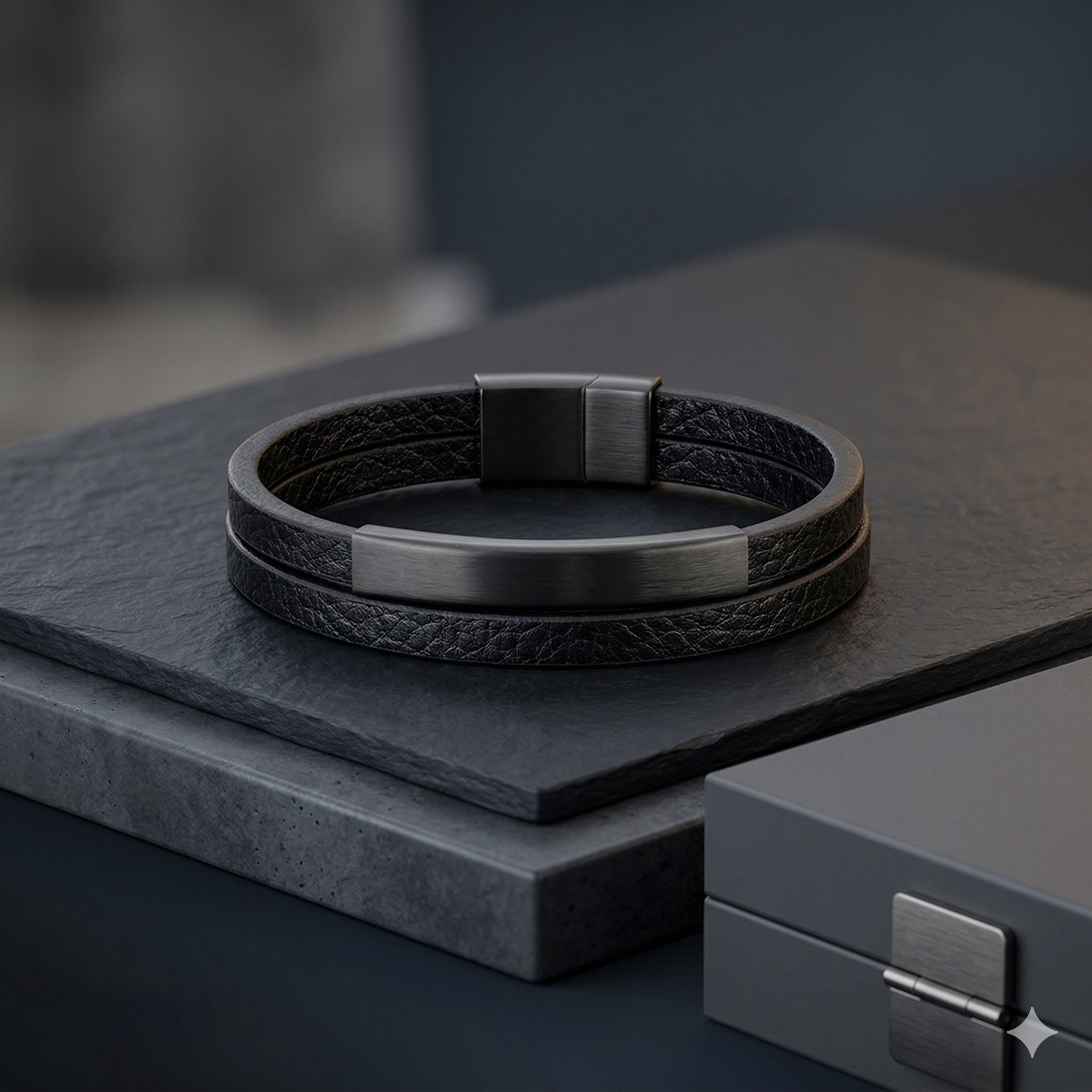 Black leather bracelet on a dark surface with a blurred background