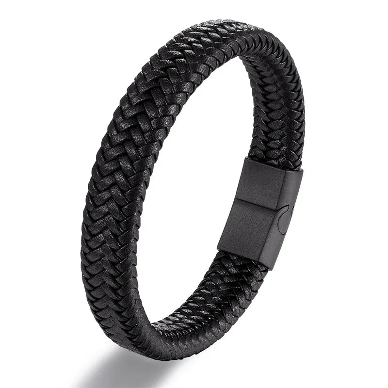 Black braided bracelet with a clasp on a white background