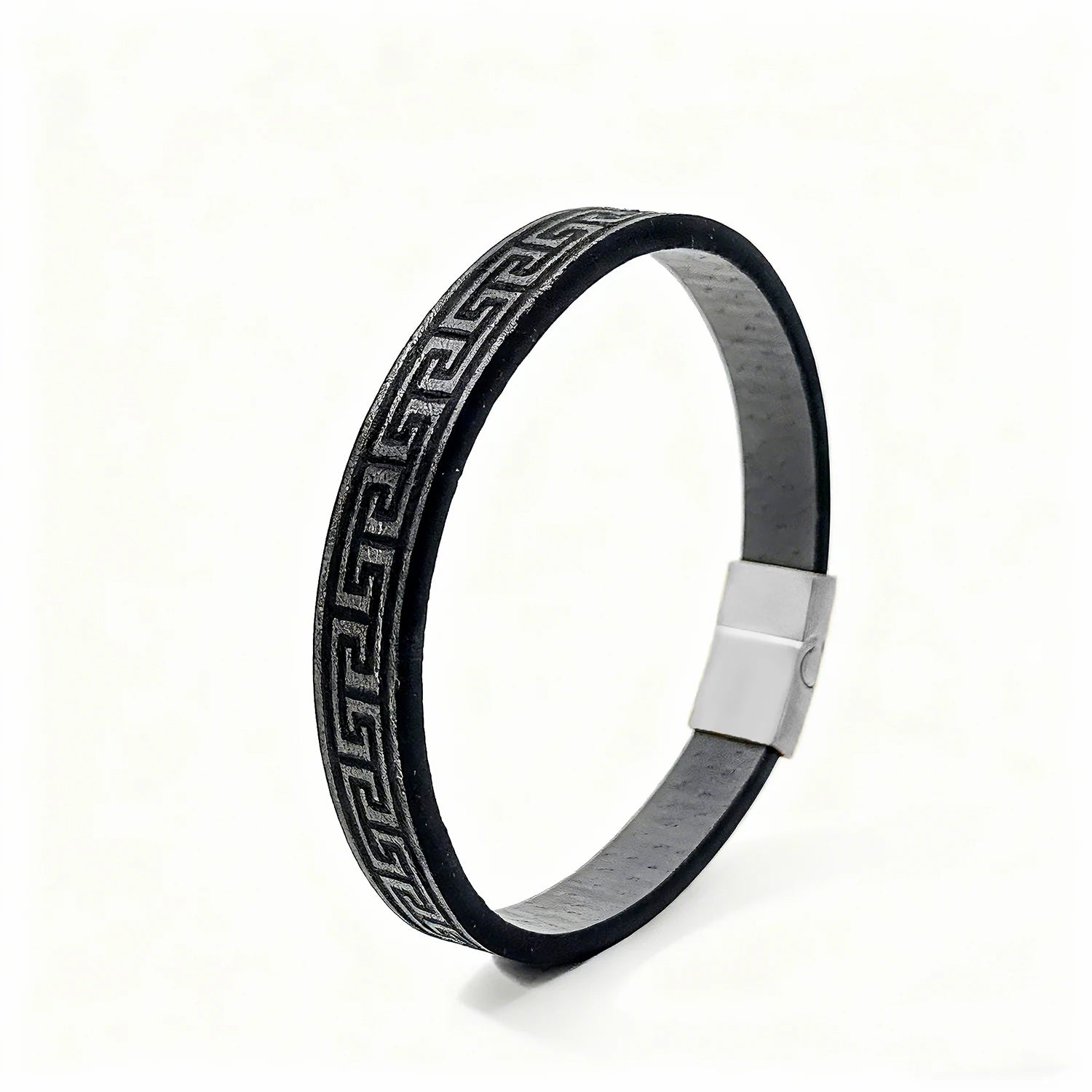 Black rubber bracelet with metallic clasp on a white background