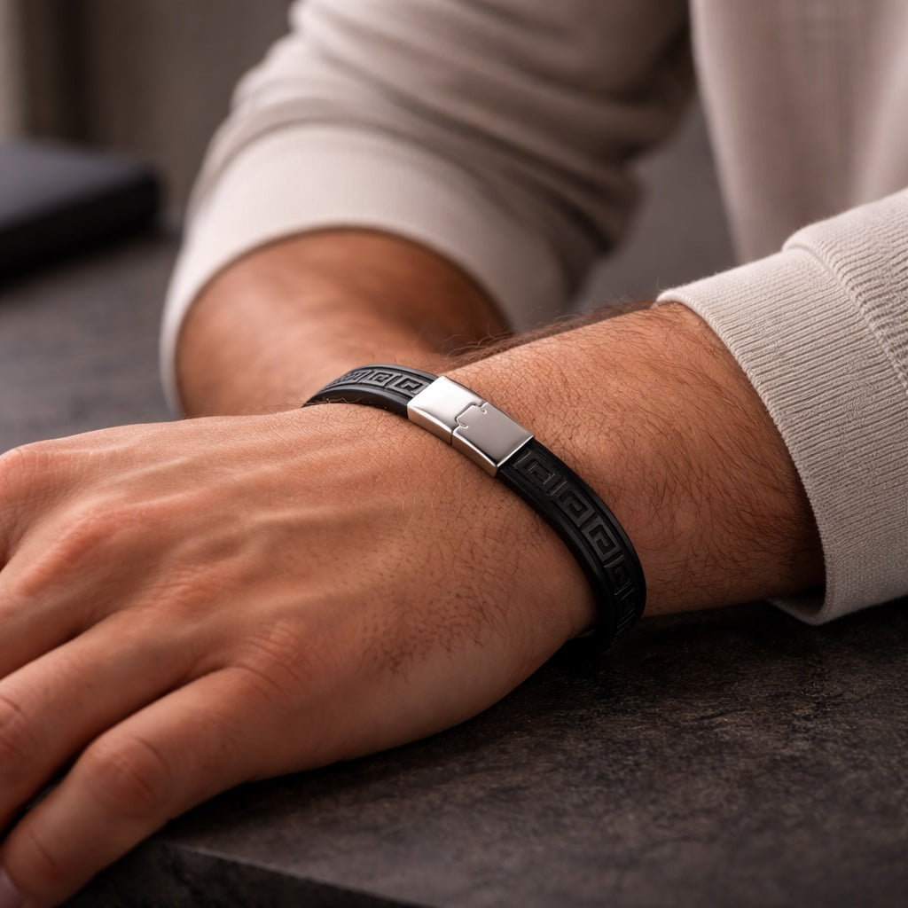 Close-up of a person's wrist wearing a black and silver bracelet on a dark surface.