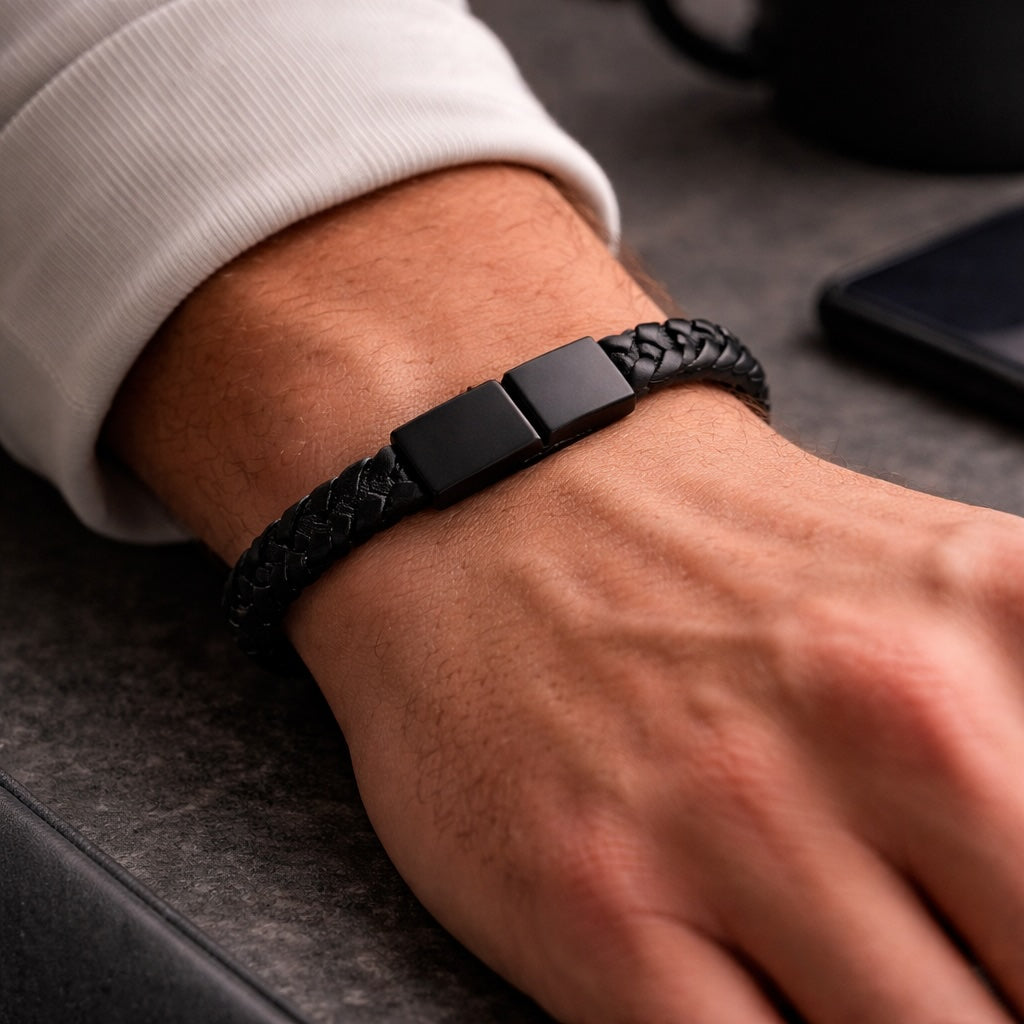 Black braided bracelet on a wrist with a blurred background