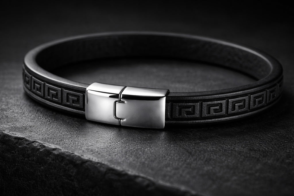 Black leather bracelet with a silver clasp on a dark background