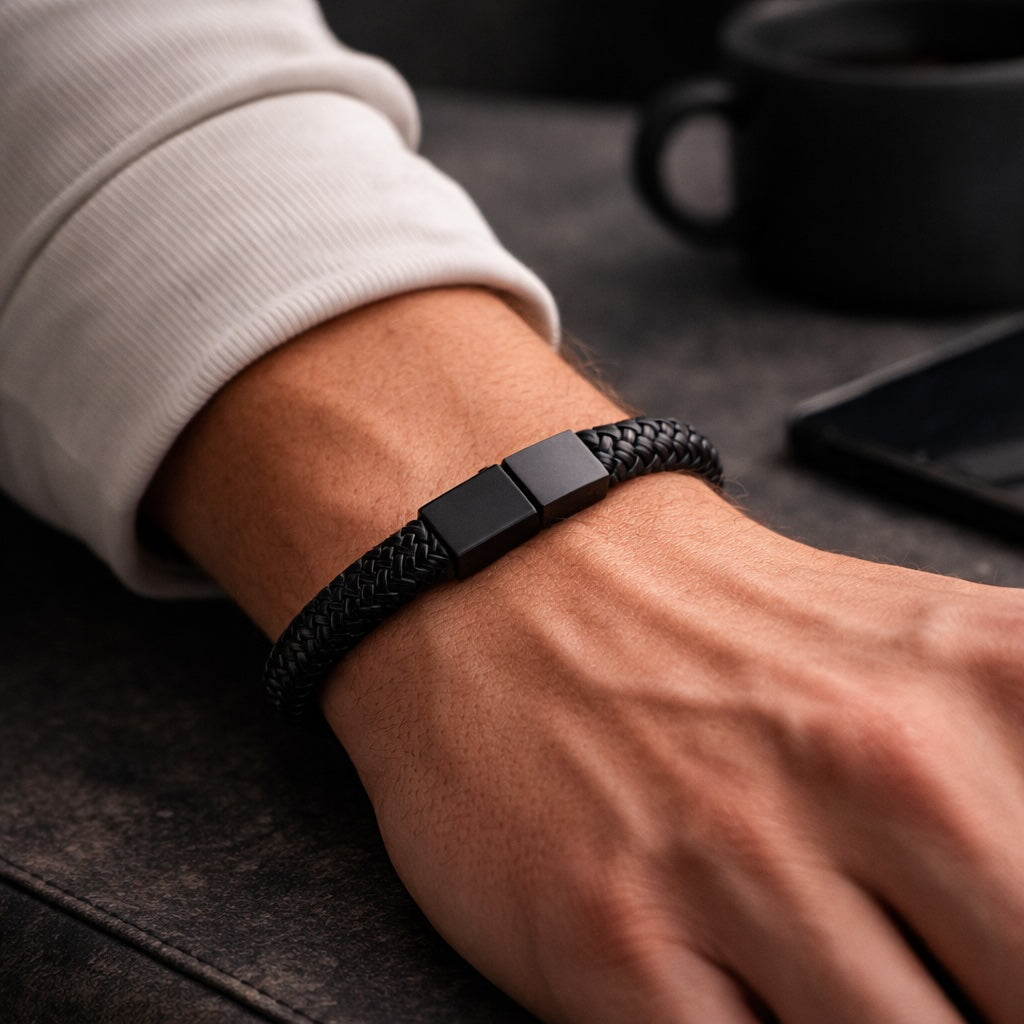Black braided bracelet on a wrist with a blurred background