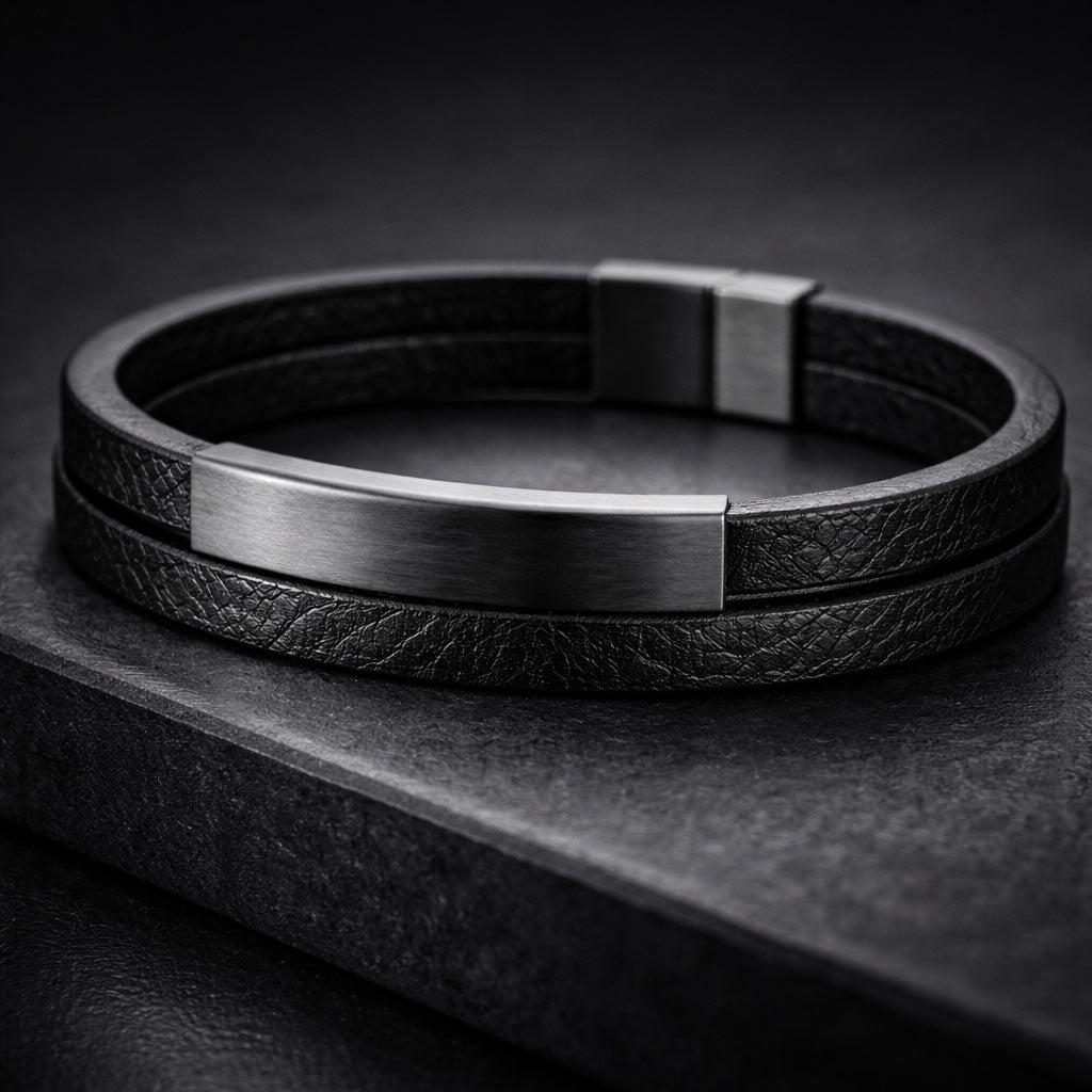 Black leather bracelet with metal clasp on a dark surface