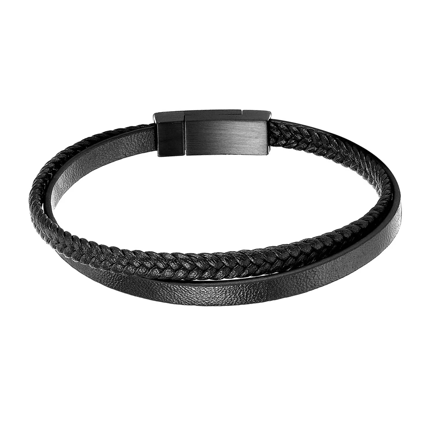 Black braided leather bracelet with a metallic clasp on a white background
